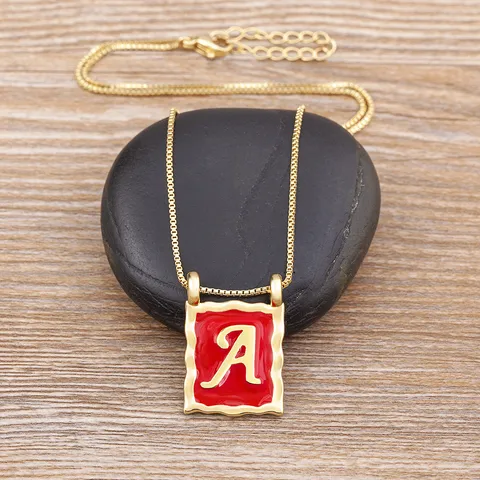 Retro 18K Gold Plated Copper Square Initial Letter Pendant Necklace Red Enamel Zirconia Clavicle Chain Jewelry For Women Men