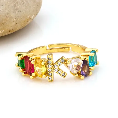 18K Gold Plated Copper Colorful Zirconia Initial Letter Ring Personalized Open Adjustable Finger Ring For Women Fashion Jewelry
