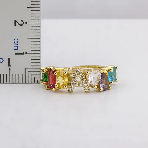 18K Gold Plated Copper Colorful Zirconia Initial Letter Ring Personalized Open Adjustable Finger Ring For Women Fashion Jewelry