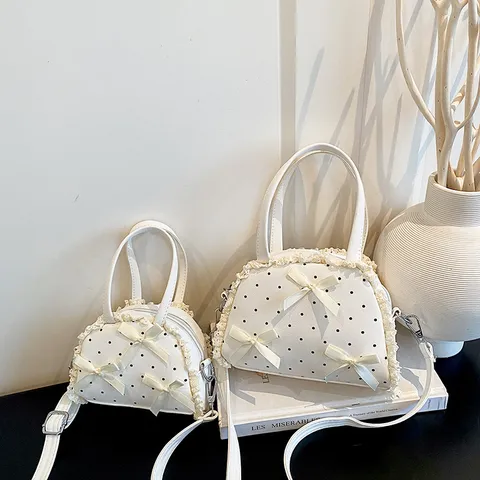Bolso de Mano Dulce para Mujer con Lunares Encaje y Lazo Cuero PU Bolso de Hombro Bandolera Moda Versátil
