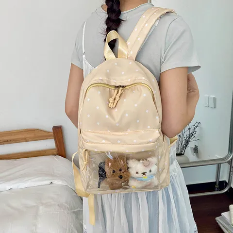 Women Casual Polka Dot Backpack Large Capacity School Bookbag With Transparent Pocket And Cute Plush Pendant