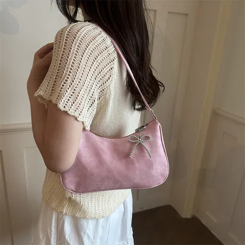 Women Textured Solid Color Suede Shoulder Underarm Handbag With Beaded Bow Pendant Commuter Fashion Daily Tote Bag
