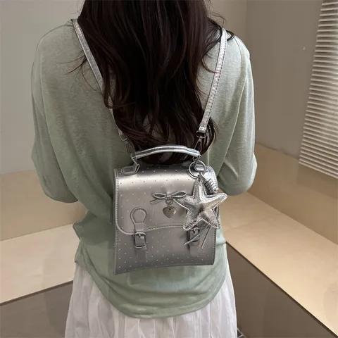 Women Small PU Leather Backpack Cute Polka Dot Casual Daypack With Bow And Star Pendant Stylish Mini Bookbag For Girls