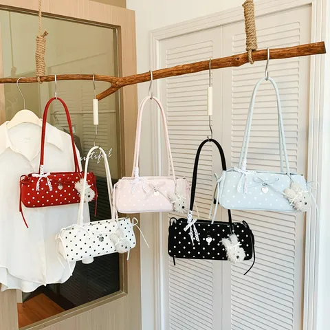 Women Fashion Polka Dot Shoulder Bag Cute Bow Plush Pendant Underarm Bag PU Leather Casual Commuter Handbag