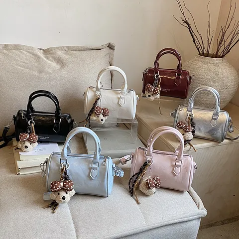 Women PU Leather Cylinder Bag Vintage Solid Color Boston Handbag Casual Urban Crossbody Bag With Pendant