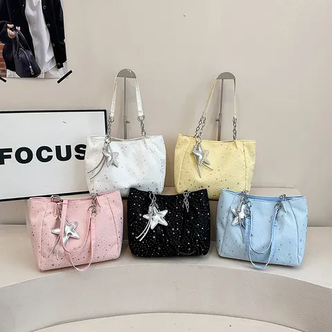 Women Large Capacity Tote Bag Star Print Canvas Shoulder Bag Casual Commuting Underarm Bag With Chain