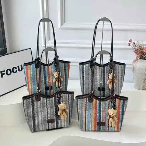 Rainbow Striped Woven Tote Bag Large Capacity Casual Straw Shoulder Bag With PU Leather Handle For Women Summer Beach Bag