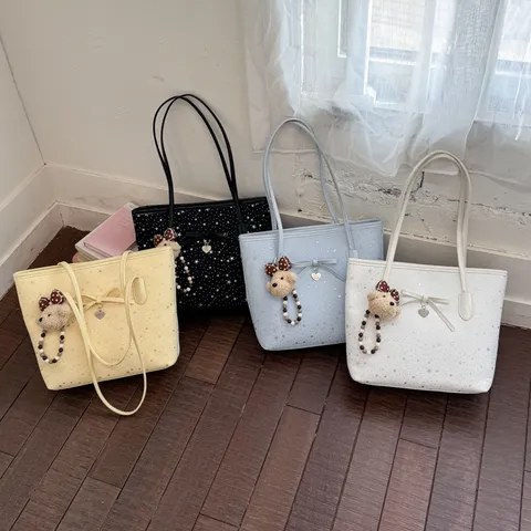 Women Large Capacity PU Leather Tote Bag Fashion Bow Star Print Casual Daily Shoulder Handbag With Cute Plush Pendant
