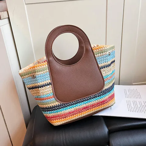Borsa Intrecciata in Paglia a Righe Arcobaleno Moda Donna Borsa Casual Estiva Piccola Borsa a Secchiello Borsa Tote da Viaggio Quotidiano