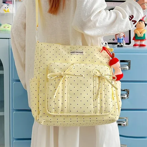 Damen Polka Dot Tote Bag Große Kapazität Schleife Schulter Umhängetasche Süße Studentin Schultasche Pendler Handtasche