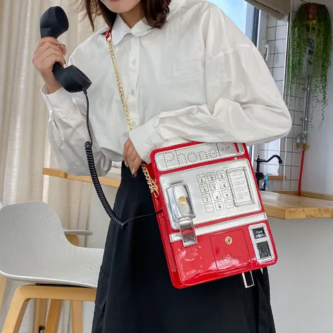Kreative Neuheit Telefon Geformt Umhängetasche Für Damen Retro PU Leder Numerisch Muster Kette Schoudertasche Lustige Handtasche