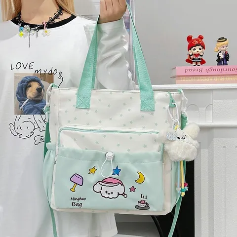 Süße Cartoon Bestickte Canvas Umhängetasche Für Damen Jugendliche Sternen Druck Kleine Handtasche Pendeln Schule Tasche