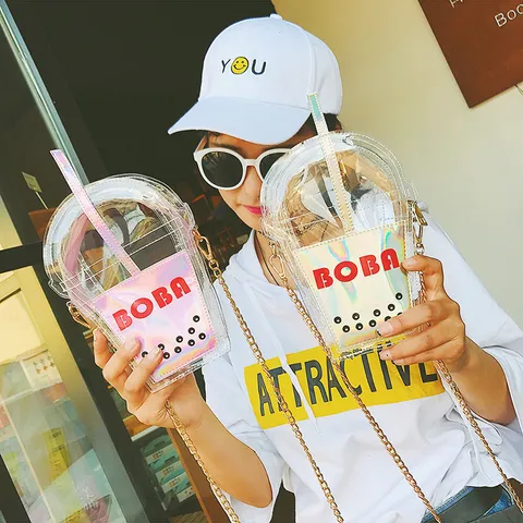 Lustige Kreative Boba Teetasse Form Transparente Umhängetasche Irisierende PU PVC Jelly Schultertasche Kette Damen Tasche
