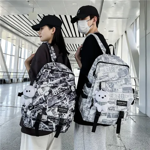 Men Trendy Graffiti Backpack Newspaper Print School Bag For Middle High School University Students Large Capacity Street Style Casual Travel Backpack