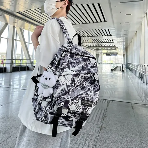 Men Trendy Graffiti Backpack Newspaper Print School Bag For Middle High School University Students Large Capacity Street Style Casual Travel Backpack