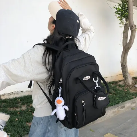 Damen Rucksack Japanischer Ins Stil Große Kapazität Einfarbig Nylon Schultasche Mit Süßem Entenanhänger Für Studenten