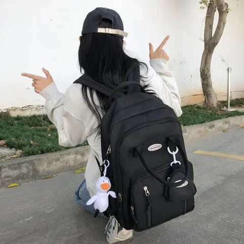 Damen Rucksack Japanischer Ins Stil Große Kapazität Einfarbig Nylon Schultasche Mit Süßem Entenanhänger Für Studenten
