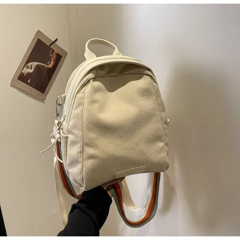 Women Corduroy Backpack Casual Shell Bag Large Capacity School Backpack With Striped Shoulder Strap Lightweight Travel Bag