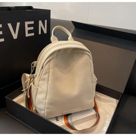 Women Corduroy Backpack Casual Shell Bag Large Capacity School Backpack With Striped Shoulder Strap Lightweight Travel Bag