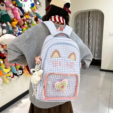Zaino Ita Bag Gatto Carino Con Orecchie di Gatto Grande Capacità per Ragazze Studentessa Cartone Animato Pois Plaid Finestra Trasparente Poliestere