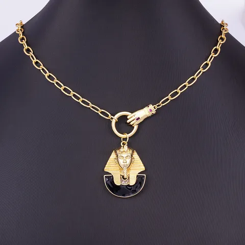 Collier Pendentif Sphinx Pharaon Égyptien Vintage Cuivre Plaqué Or 18K Grosse Chaîne Lourde Bijoux Hip Hop Zirconia pour Hommes Femmes