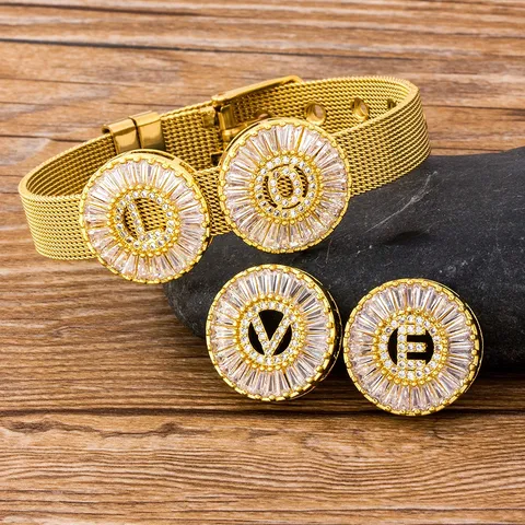 18K Gold Plated Copper Initial Bracelet For Women Men Micro Pave Zirconia Alphabet DIY Adjustable Watch Band Jewelry