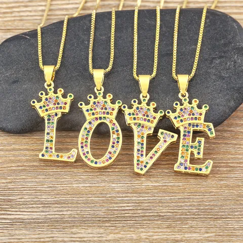Fashion Initial Letter Crown Pendant Necklace Colorful Zirconia Copper Gold Plated Initial Necklace For Women Jewelry