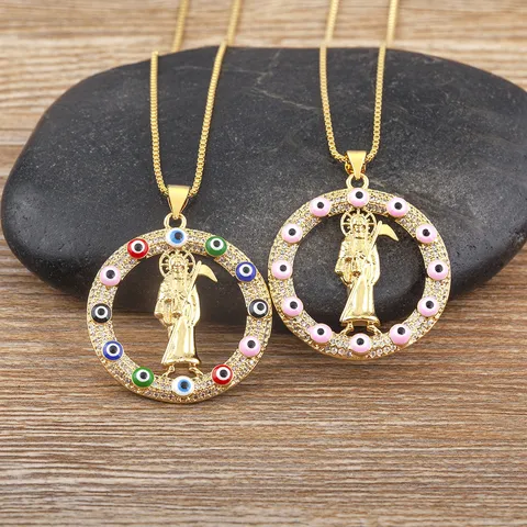 Retro 18K Gold Plated Copper Scythe Grim Reaper Pendant Necklace With Zirconia Evil Eye Hip Hop Gothic Jewelry For Men Women
