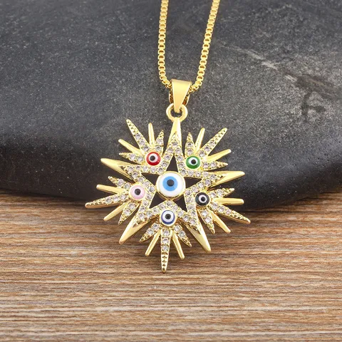 18K Gold Plated Copper Evil Eye Star Pendant Necklace Turkish Devil Eye Zirconia Rhinestone Charm Necklace Jewelry For Women Men