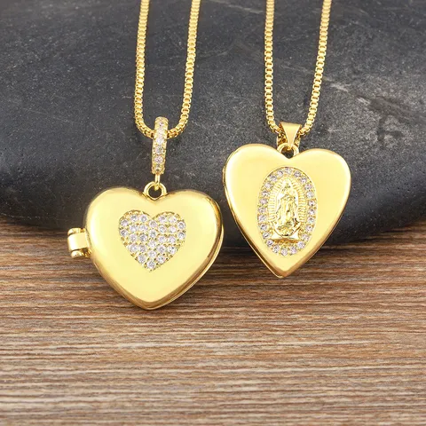 Collar con Colgante de Relicario de Corazón y Redondo Cobre Chapado en Oro 18K Mujer Mamá Virgen María Joyería de Foto