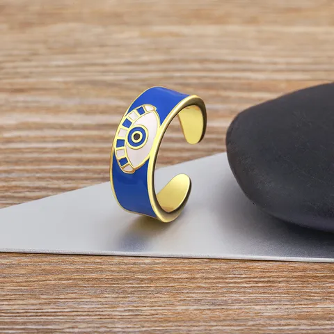 18K Gold Plated Copper Evil Eye Open Ring For Women Zirconia Enamel Adjustable Devil Eye Fashion Finger Ring Jewelry
