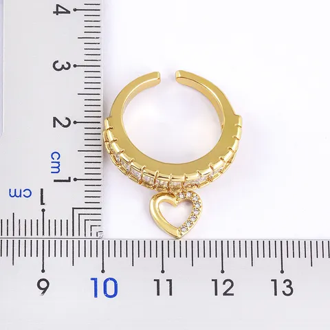 Luxury 18K Gold Plated Copper Heart Pendant Open Ring For Women Baguette Cubic Zirconia Micro Pave Adjustable Finger Ring