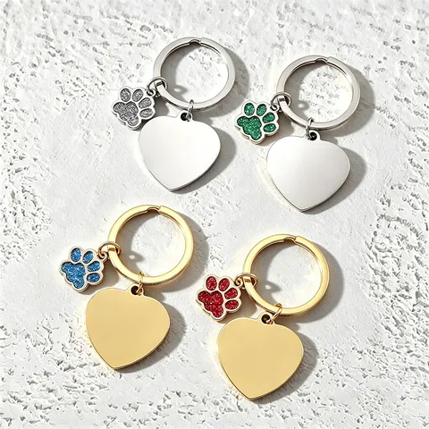 Llavero de Acero Inoxidable con Pata de Perro y Corazón Purpurina Colgante para Grabado Láser Joyería de Moda Regalo