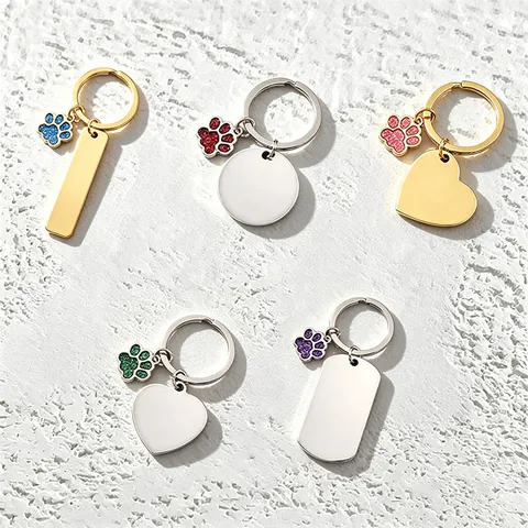 Stainless Steel Glitter Dog Paw Keychain Blank Military Tag Engravable Metal Keychain DIY UV Printing Pet Lovers Gifts