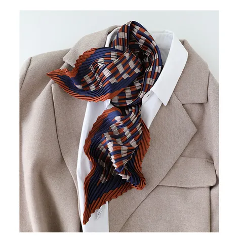 Korean Style Pleated Satin Square Scarf For Women Spring Geometric Print Elegant Lightweight Fashion Head Scarf Neck Wrap Accessory