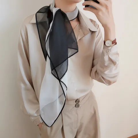 Elegant Chiffon Scarf For Women Soft Printed Decorative Silk Feeling Square Headscarf Color Block Thin Scarf Neck Wrap