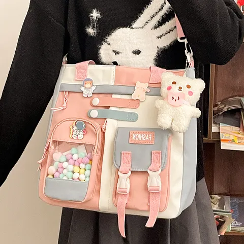 Large Capacity Student Canvas Crossbody Bag Cute Color Block Tote Bag Casual School Book Bag For Women Girls