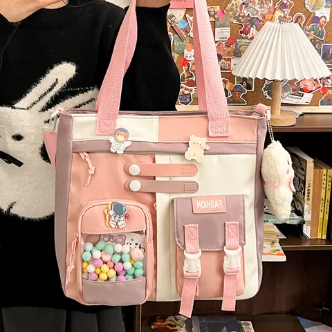 Large Capacity Student Canvas Crossbody Bag Cute Color Block Tote Bag Casual School Book Bag For Women Girls