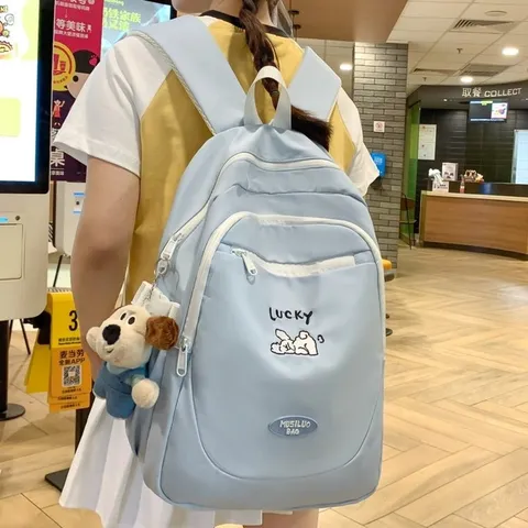 Japanese Preppy Style Girl School Backpack Cute Embroidery Nylon Student Bag With Plush Dog Pendant For Daily High School