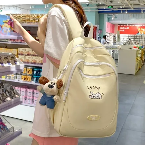 Japanese Preppy Style Girl School Backpack Cute Embroidery Nylon Student Bag With Plush Dog Pendant For Daily High School