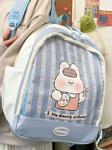 Zaino Ita Bag in PVC Trasparente Stile Giapponese Ins Simpatica Stampa a Coniglio dei Fumetti Cartella per Studenti in Nylon Patchwork per Ragazze