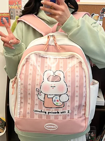 Zaino Ita Bag in PVC Trasparente Stile Giapponese Ins Simpatica Stampa a Coniglio dei Fumetti Cartella per Studenti in Nylon Patchwork per Ragazze