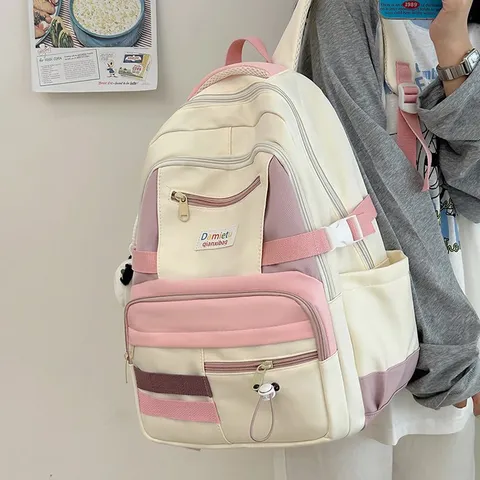 Große Kapazität Nylon Schulrucksack Für Frauen Casual Farbblock College Student Büchertasche Stilvoller Reise Tagesrucksack