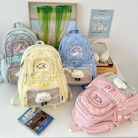 Ins Japonés Lindo Mochila Ita Gran Capacidad Mochila Escolar Con Ventana Transparente Color Macaron Daypack Casual Para Mujeres