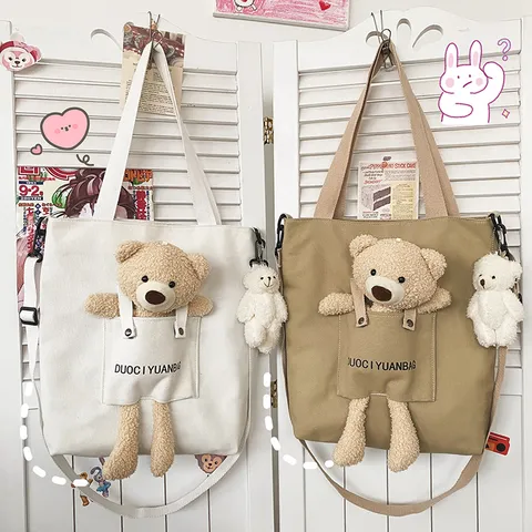 Τσάντα Χιαστί από Καμβά με Κούκλα Αρκούδα Kawaii Casual Tote Τσάντα Ώμου Γλυκιά Μαθητική Τσάντα με Κρεμαστό Καρτούν για Γυναίκες