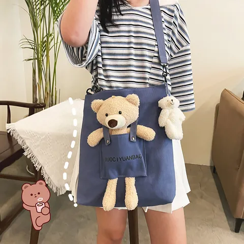 Τσάντα Χιαστί από Καμβά με Κούκλα Αρκούδα Kawaii Casual Tote Τσάντα Ώμου Γλυκιά Μαθητική Τσάντα με Κρεμαστό Καρτούν για Γυναίκες