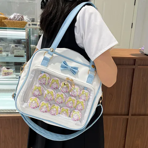 Women Ita Bag Clear Window PU Leather Crossbody Bag Cute Bowknot Tote Bag Sweet Style Casual Daily Handbag