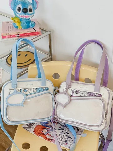 Sac Ita en Cuir PU Style Japonais Bloc de Couleur Fenêtre Transparente Sac Bandoulière Douce Anime Sac pour Filles École
