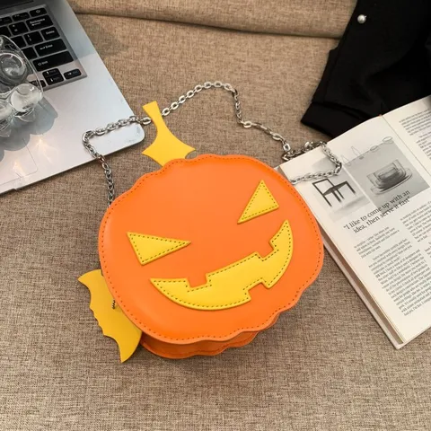 Halloween Pumpkin Crossbody Bag PU Leather Color Block Cute Novelty Shoulder Bag Trendy Chain Purse for Women Party