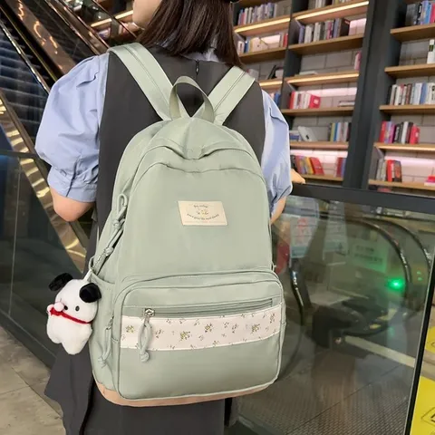 Women's Casual Nylon Backpack Floral Patchwork School Bookbag Cute Dog Pendant Commuter Daypack For Student Teen Girls